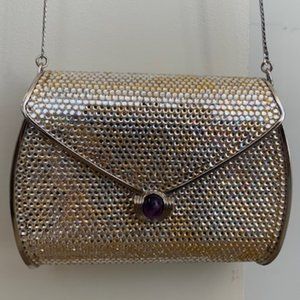 Vintage Judith Leiber rhinestone hard clutch with jewel clasp and small mirror